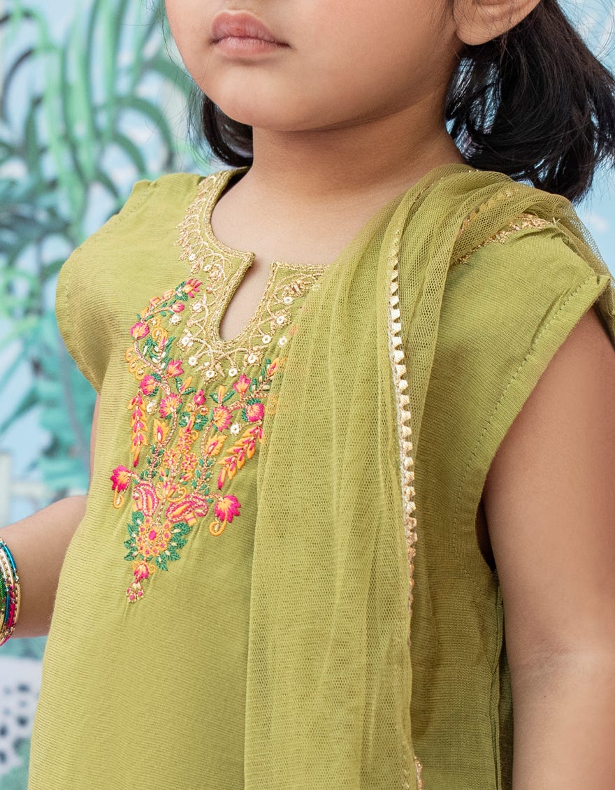 GREEN COTTON NET STITCHED 3PC | JGK-S-24-1916