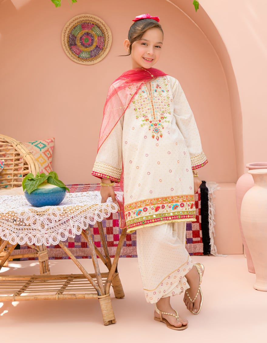 Off White Lawn 3 Piece Stitched Dress | Jgk-S-24-1927