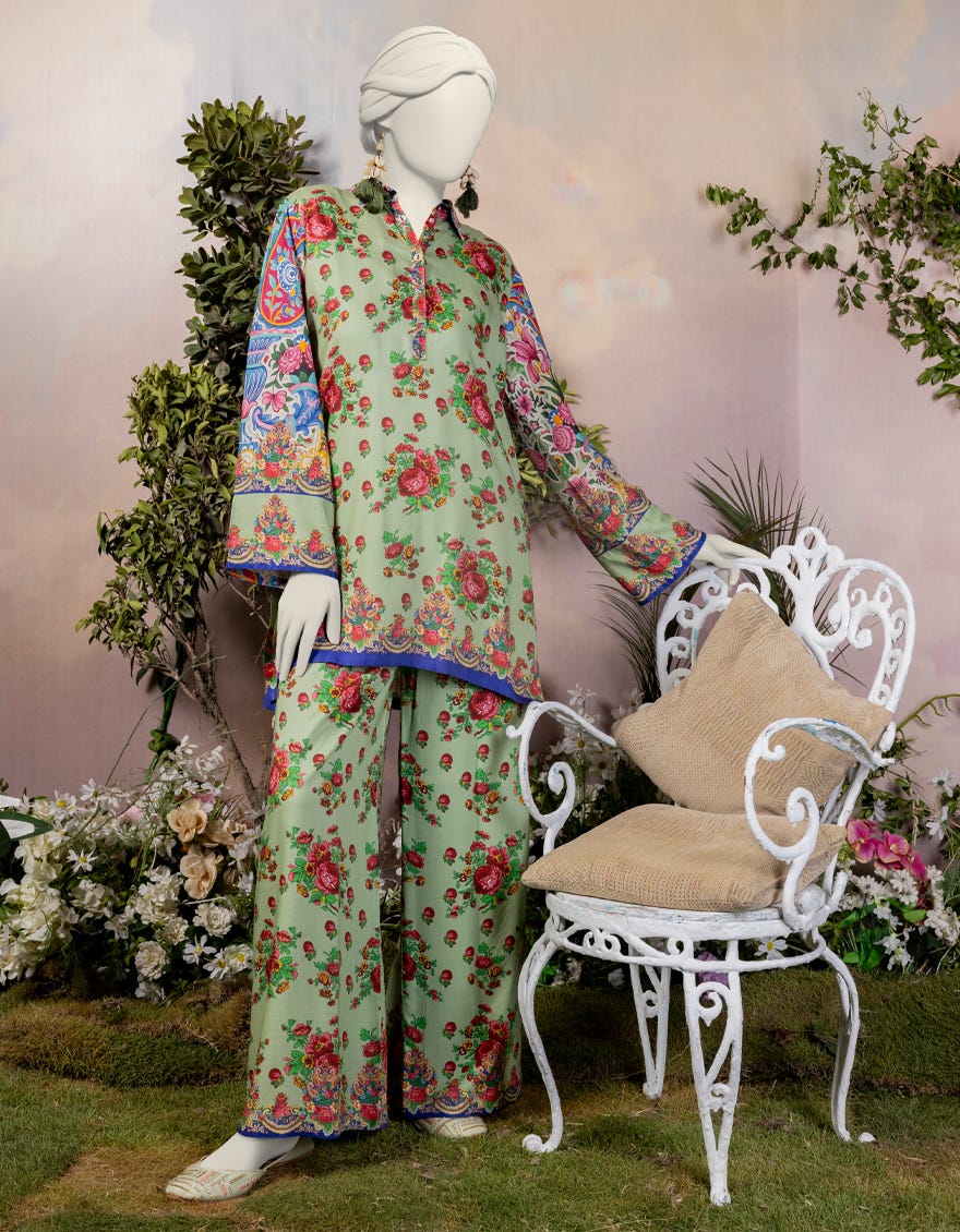 Green Linen 2 Piece Printed Stitched | Jjpw-S-Jw2-24-2002