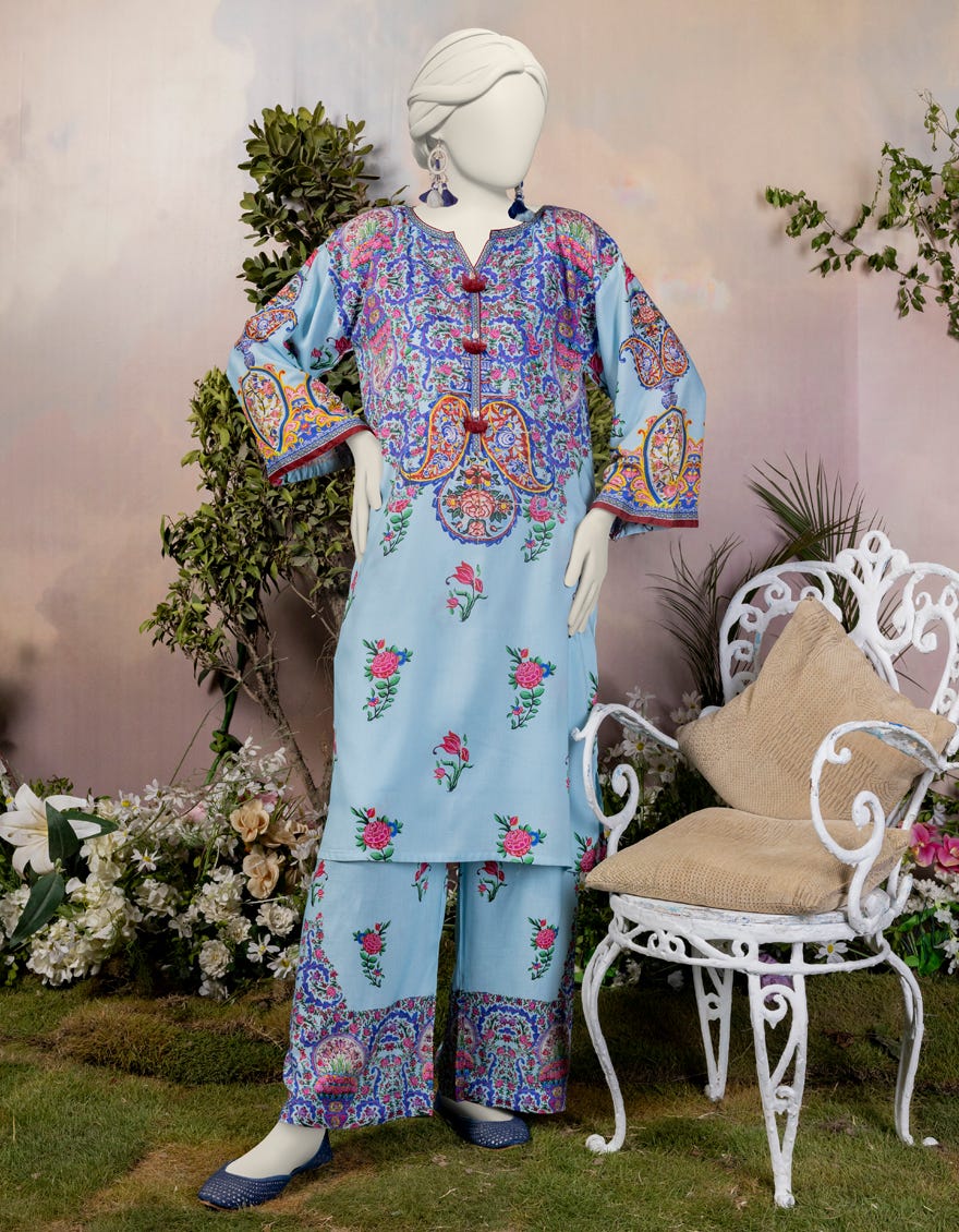 Blue Linen 2 Piece Printed Stitched | Jjpw-S-Jw2-24-2003