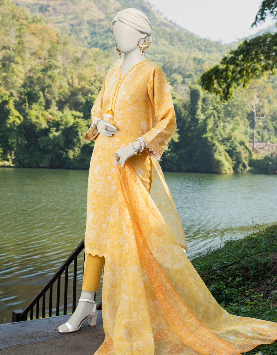 Yellow Dobby Unstitched 3 Piece Dress | Jlawn-S-24-241