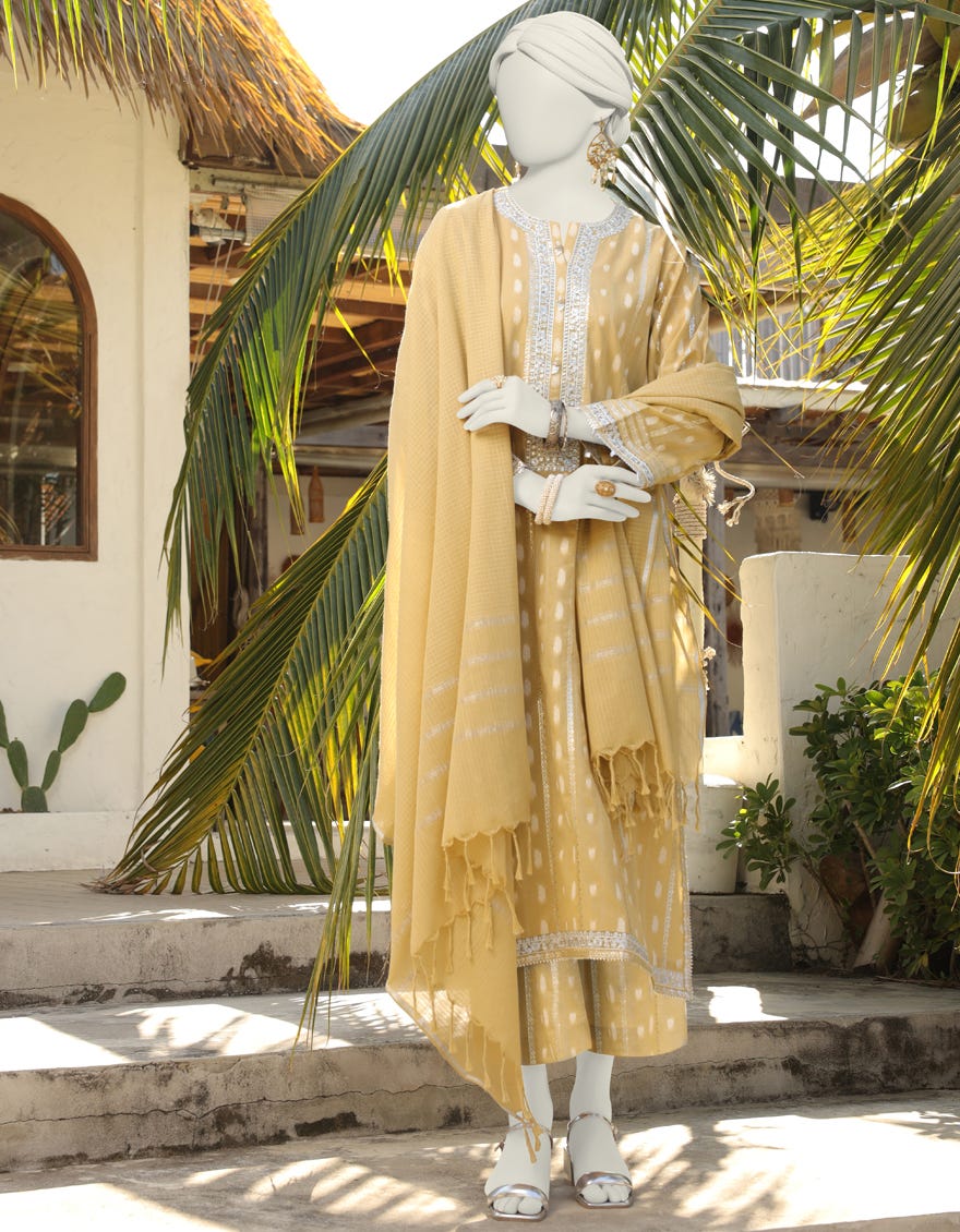 Yellow Jacquard Unstitched 3 Piece Dress | Jlawn-S-24-248