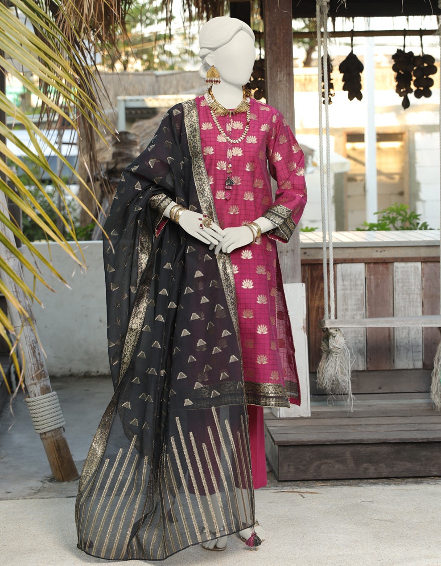 Black Jacquard Unstitched 3 Piece Dress | Jlawn-S-24-252