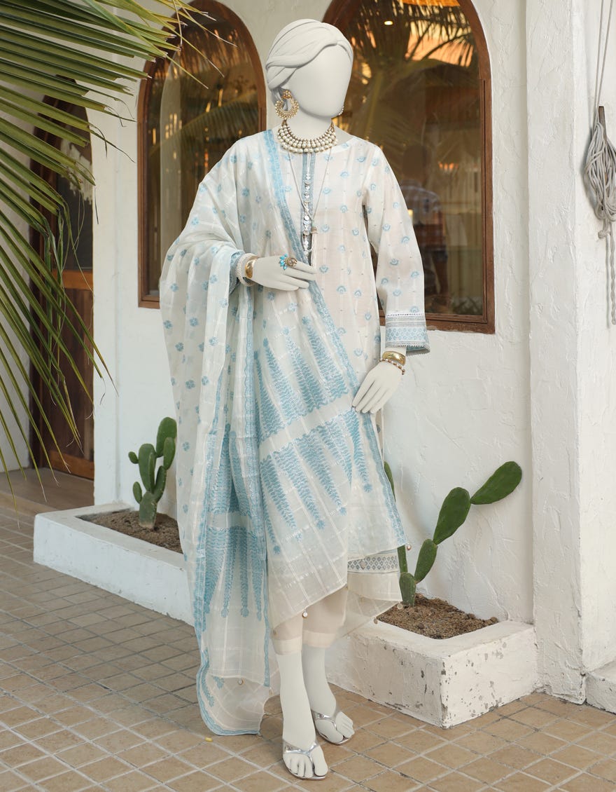 White Jacquard Unstitched 3 Piece Dress | Jlawn-S-24-253