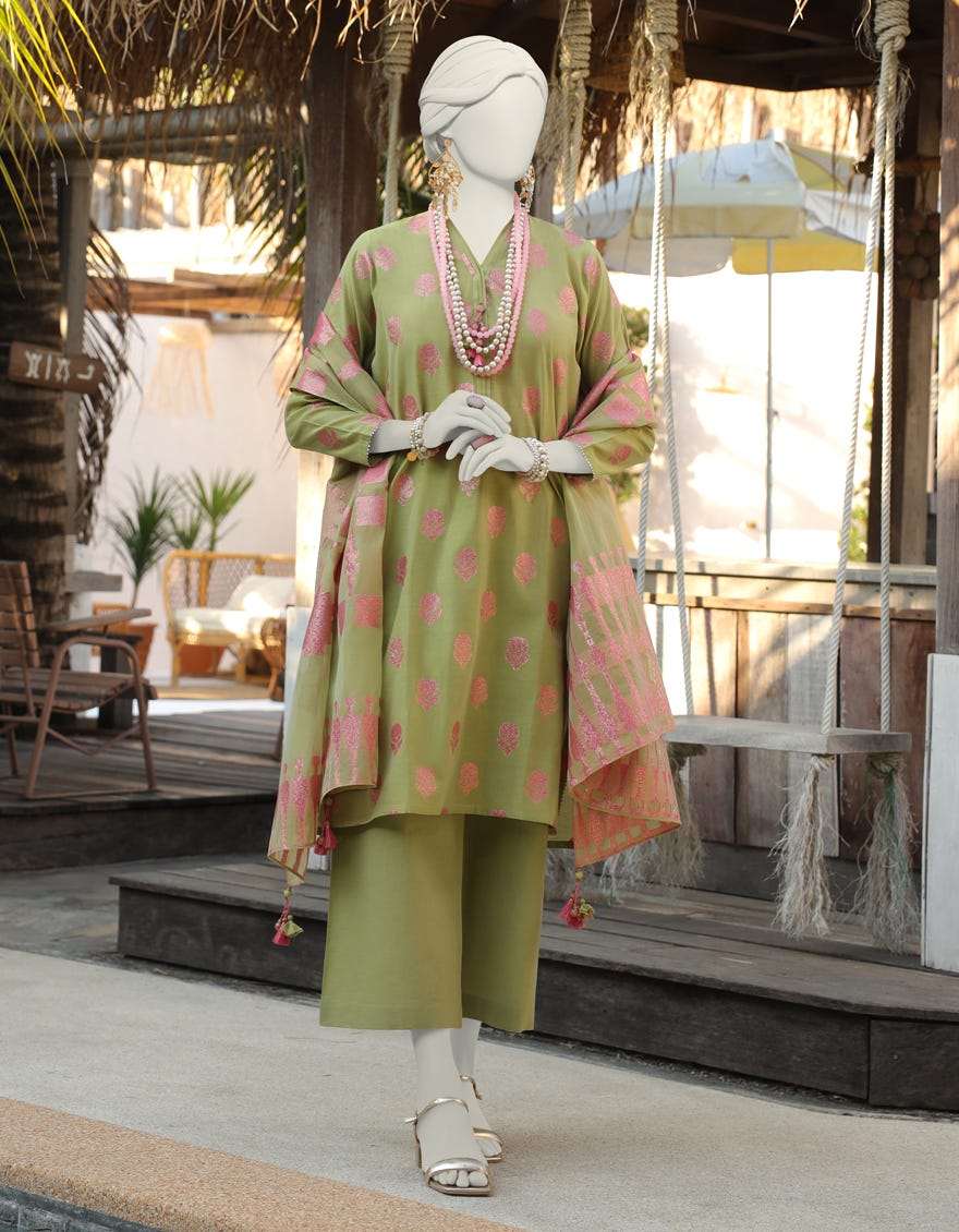 Mid Green Jacquard Unstitched 3 Piece Dress | Jlawn-S-24-256