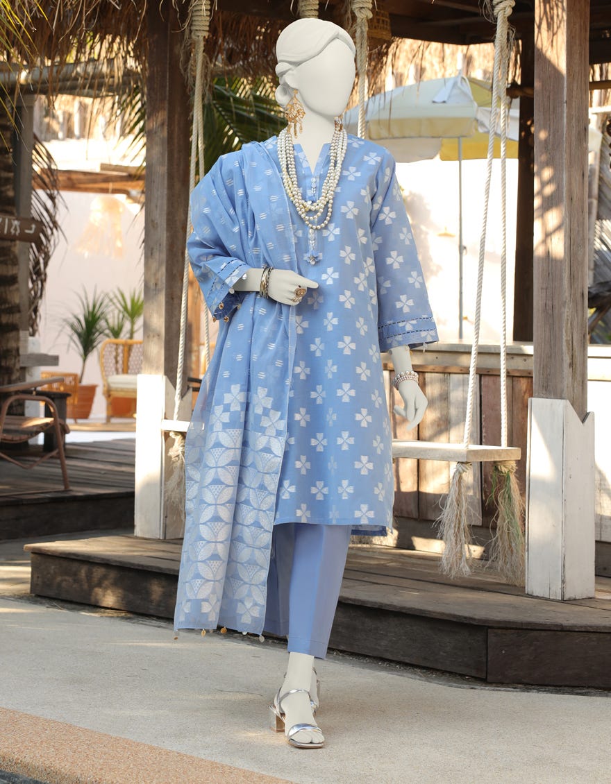 Cool Blue Jacquard Unstitched 3 Piece Dress | Jlawn-S-24-257