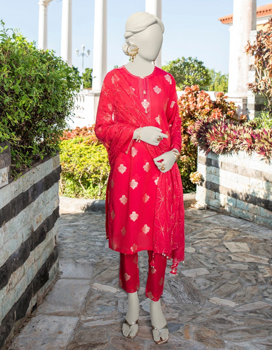 Red Jacquard Unstitched 3 Piece Dress | Jlawn-S-24-271
