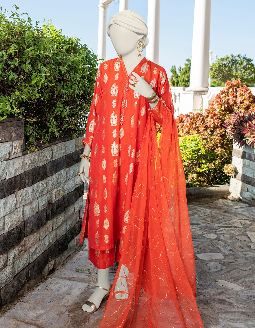Orange Jacquard Unstitched 3 Piece Dress | Jlawn-S-24-272