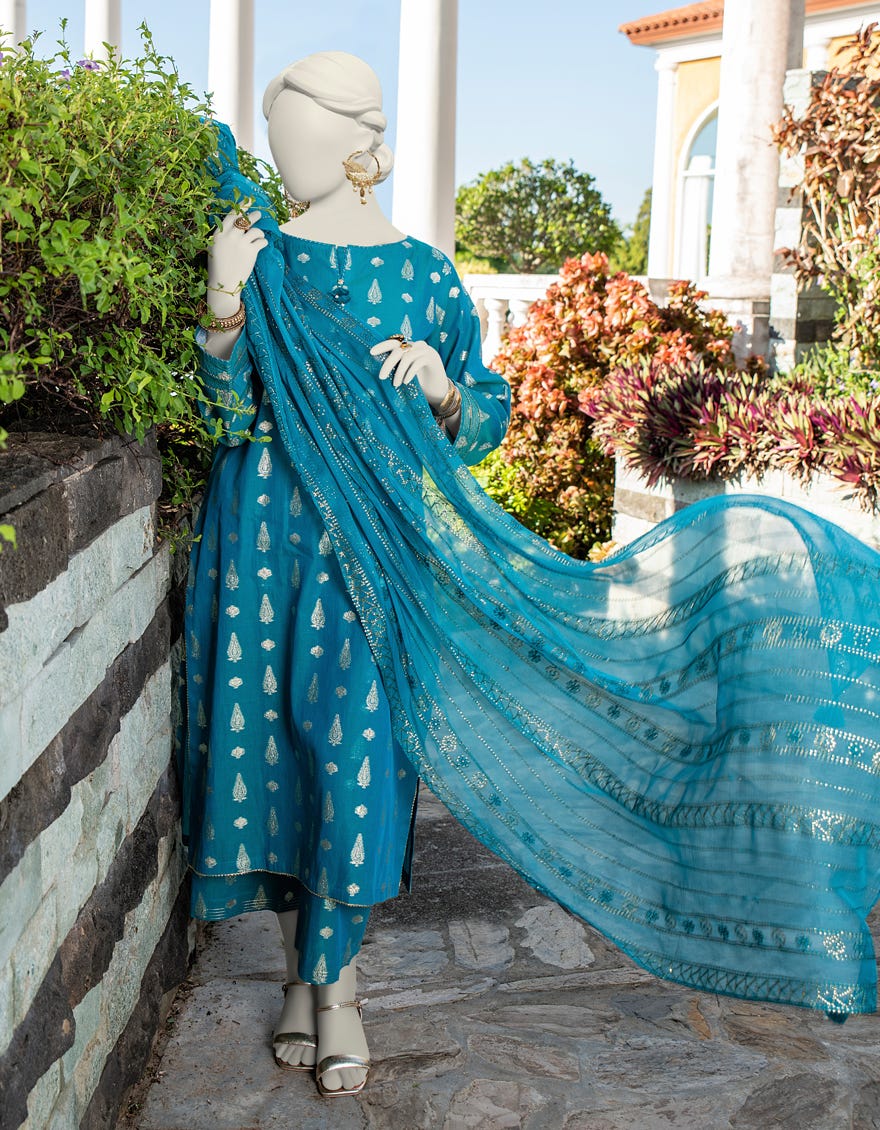 Teal Jacquard Unstitched 3 Piece Dress | Jlawn-S-24-273