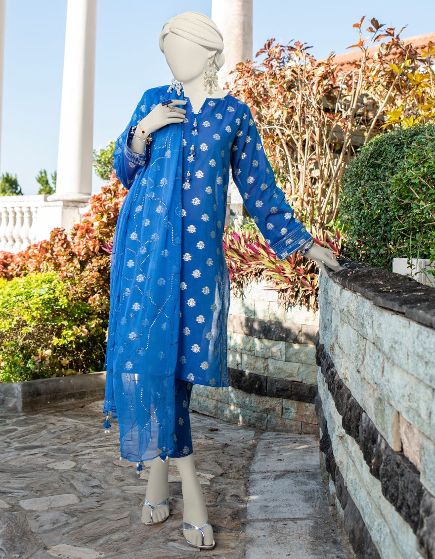 Blue Jacquard Unstitched 3 Piece Dress | Jlawn-S-24-274