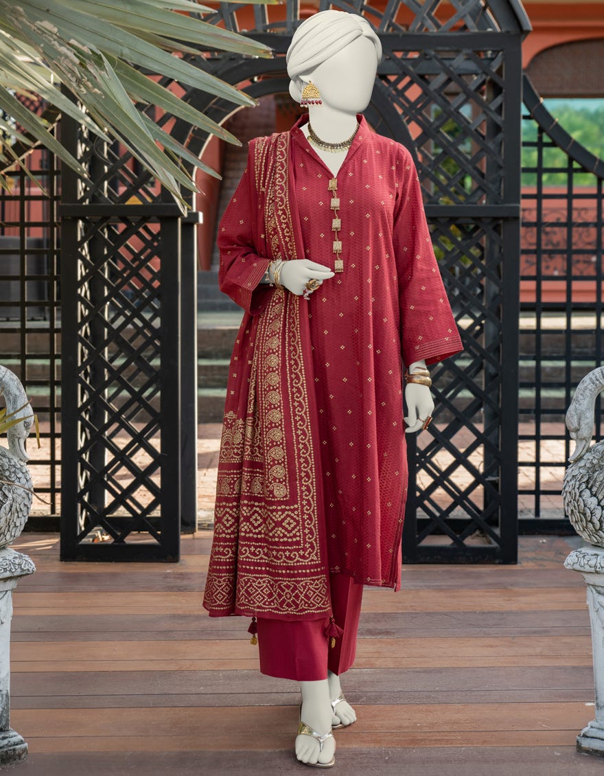 Red Jacquard Unstitched 3 Piece Dress | Jlawn-S-24-275