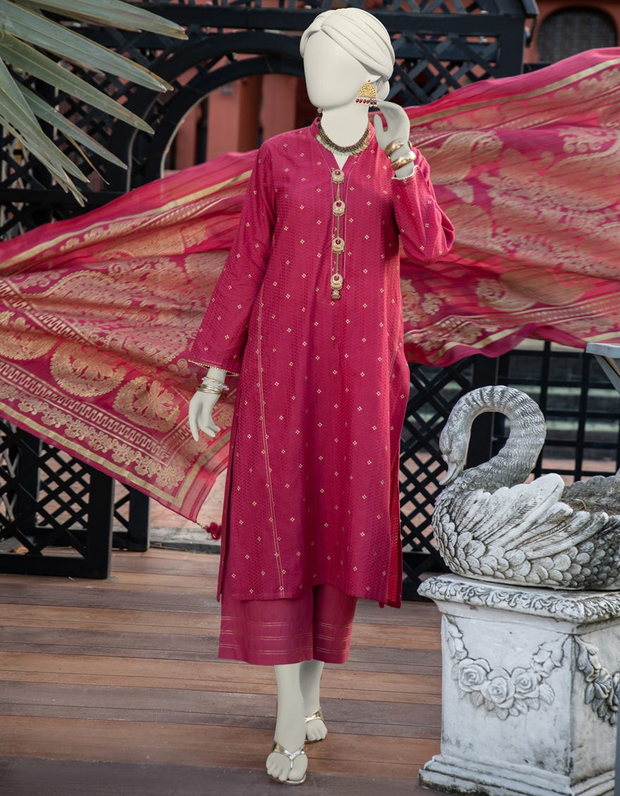 Red Jacquard Unstitched 3 Piece Dress | Jlawn-S-24-278