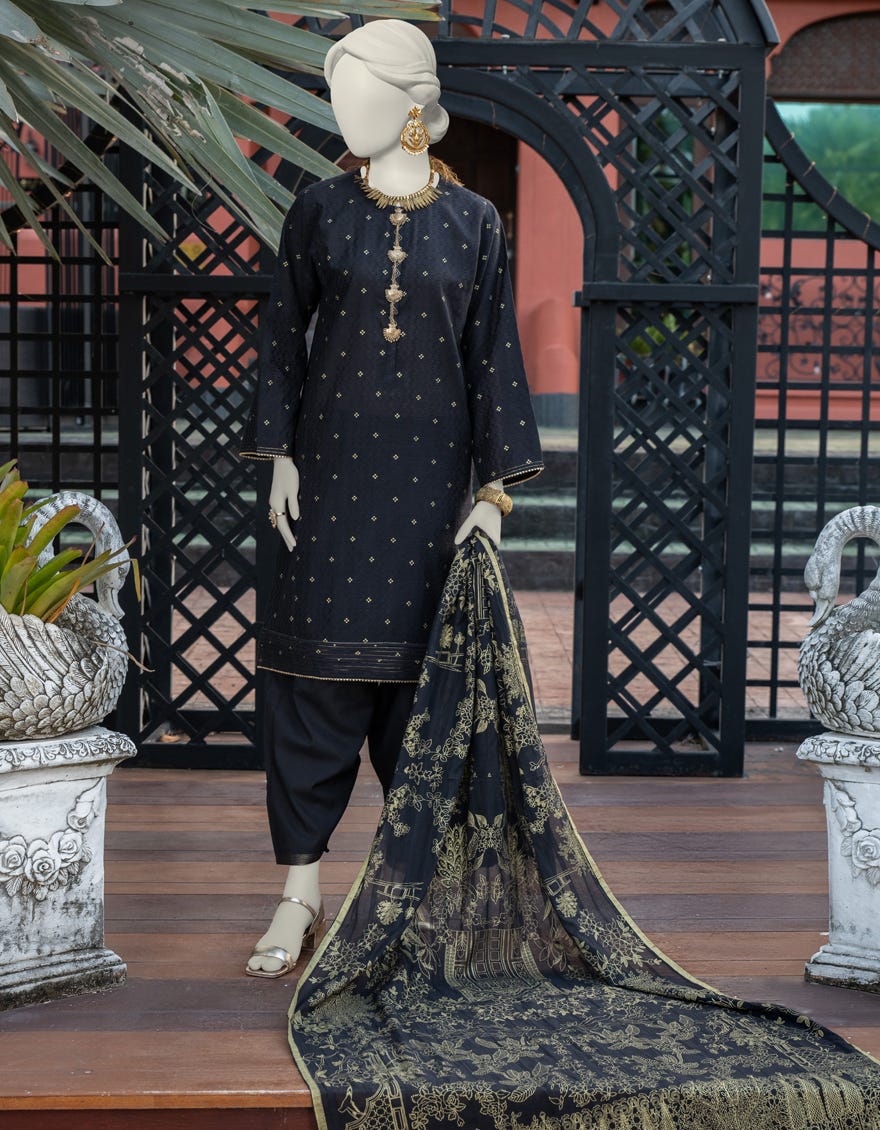 Black Jacquard Unstitched 3 Piece Dress | Jlawn-S-24-280