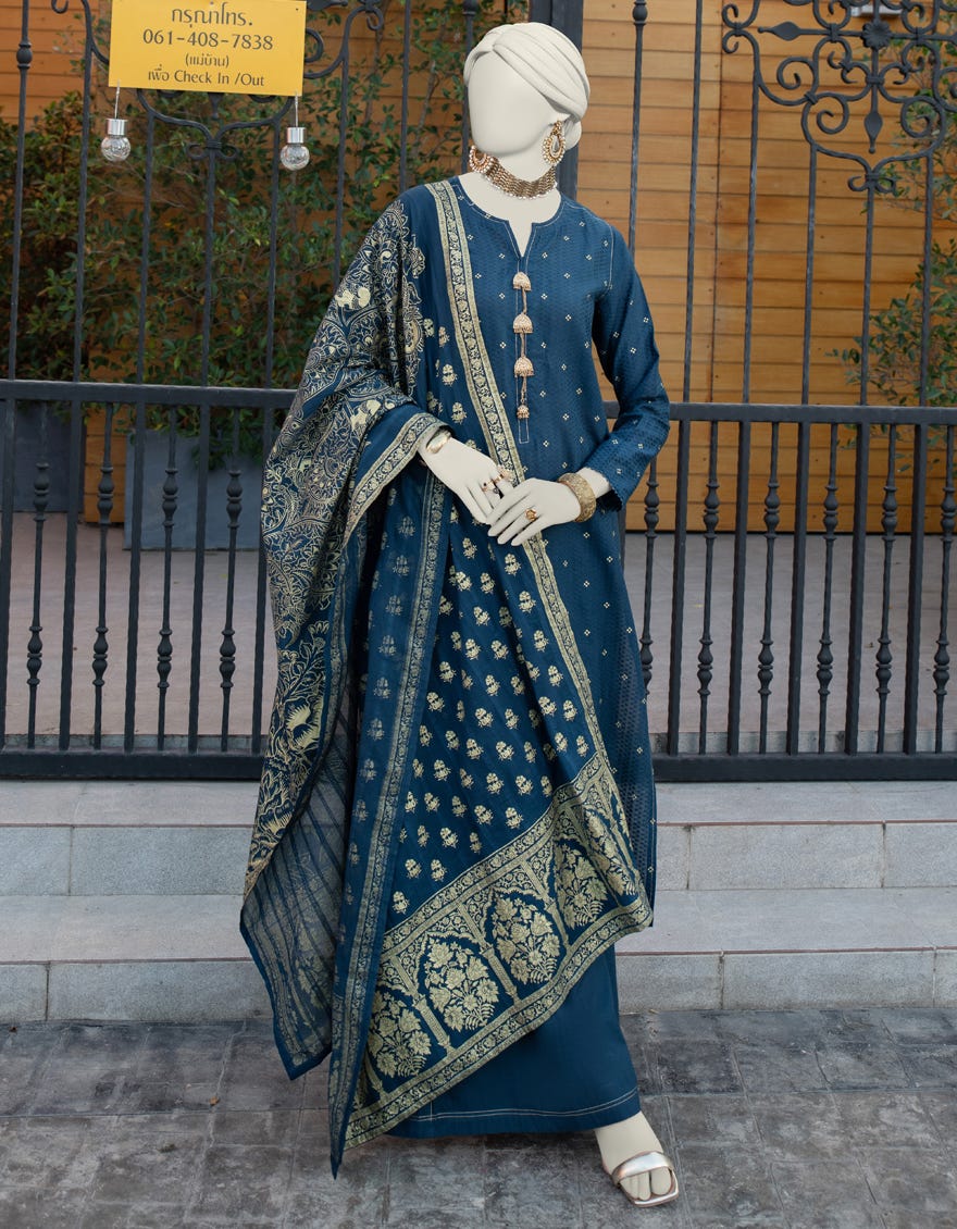 Navy Blue Jacquard Unstitched 3 Piece Dress | Jlawn-S-24-281