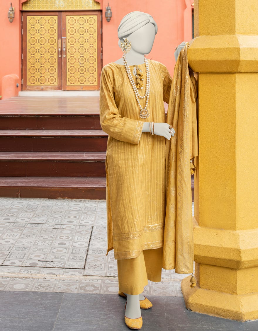 Yellow Jacquard Unstitched 3 Piece Dress | Jlawn-S-24-284