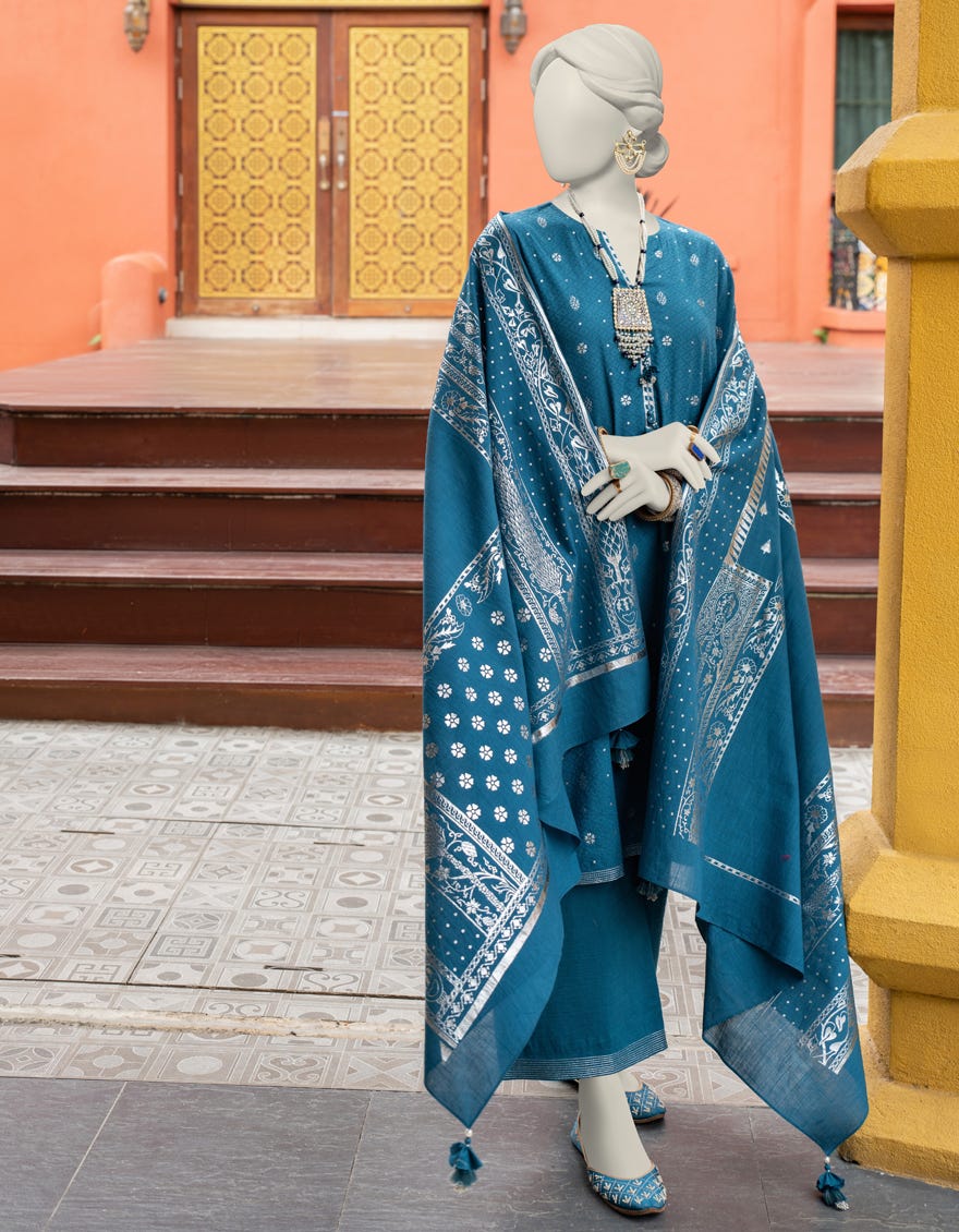Blue Jacquard Unstitched 3 Piece Dress | Jlawn-S-24-286