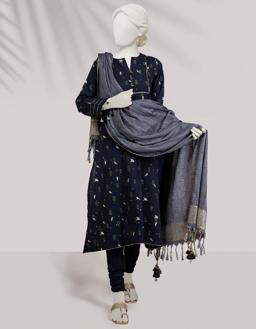Black Handwoven Jacquard Unstitched 3 Piece Dress | Jlawn-S-24-291