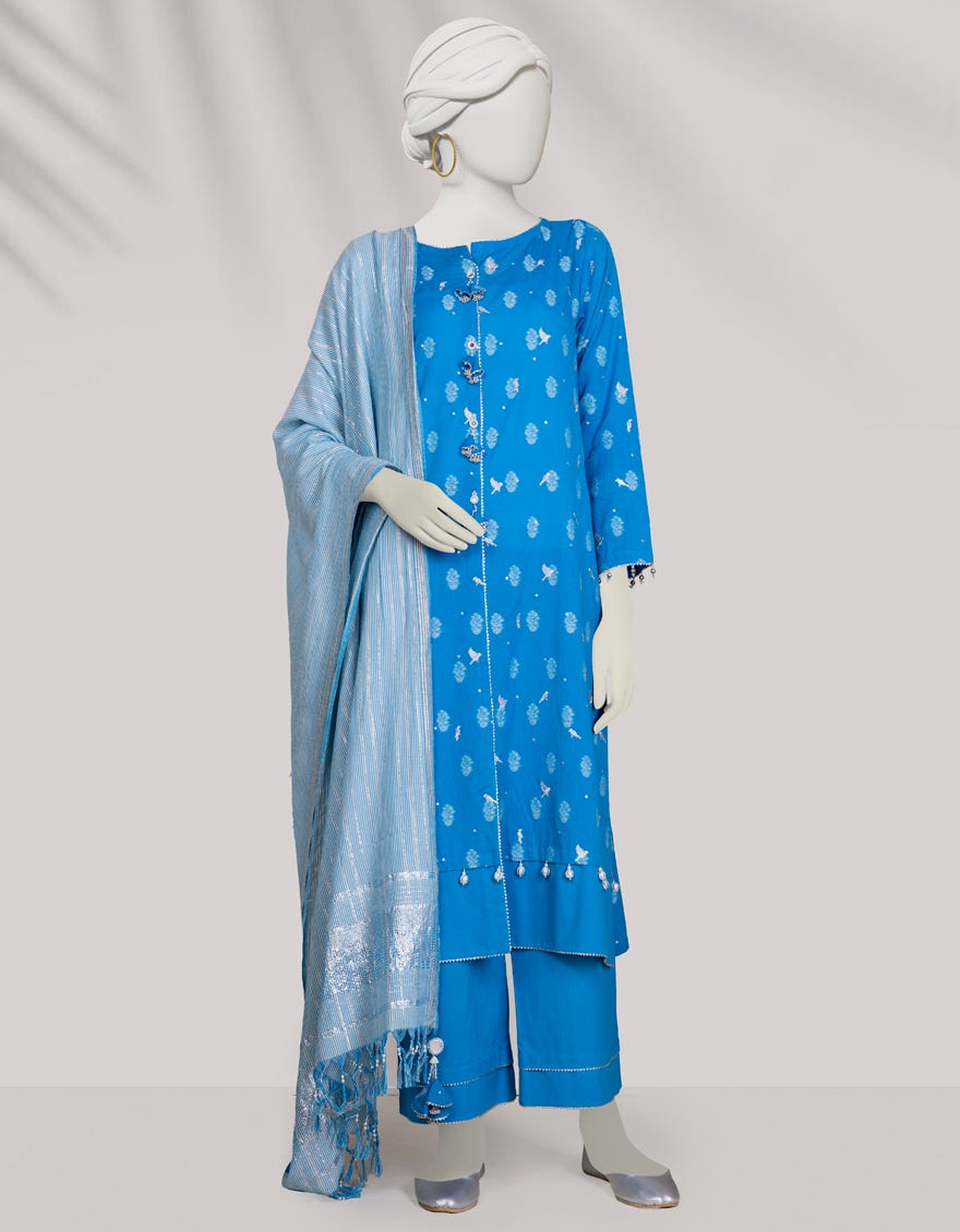 Blue Handwoven Jacquard Unstitched 3 Piece Dress | Jlawn-S-24-292