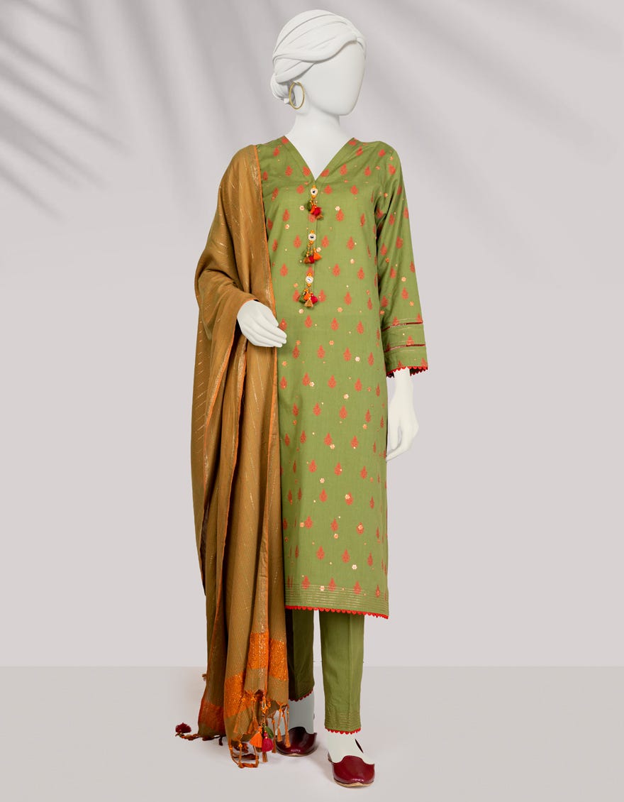 Green Handwoven Jacquard Unstitched 3 Piece Dress | Jlawn-S-24-293