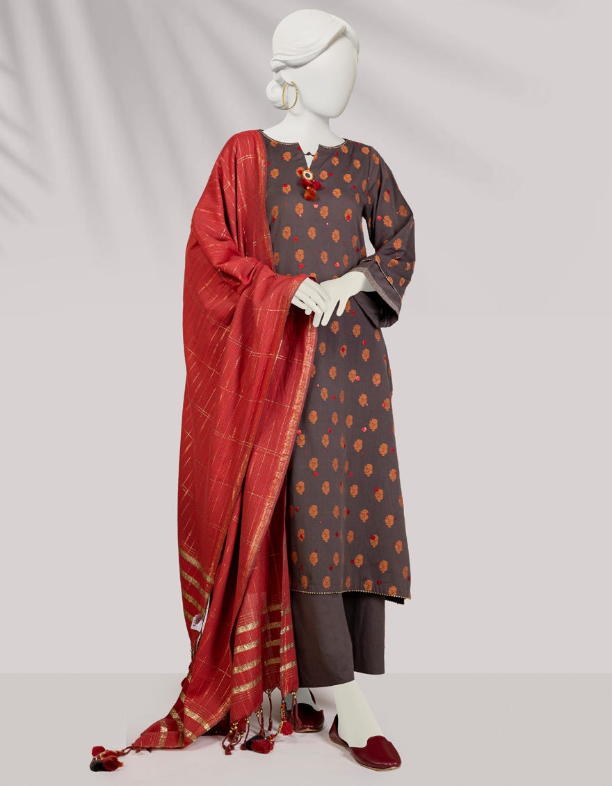 Brown Handwoven Jacquard Unstitched 3 Piece Dress | Jlawn-S-24-294