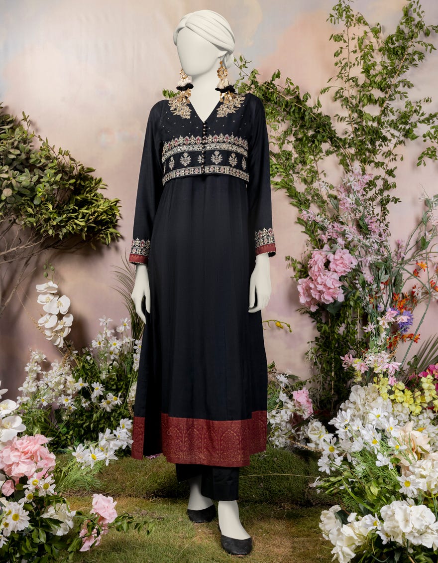 Black Khaddi Embroidered Women's Kurti | Jjlk-S-Jpws-24-3026