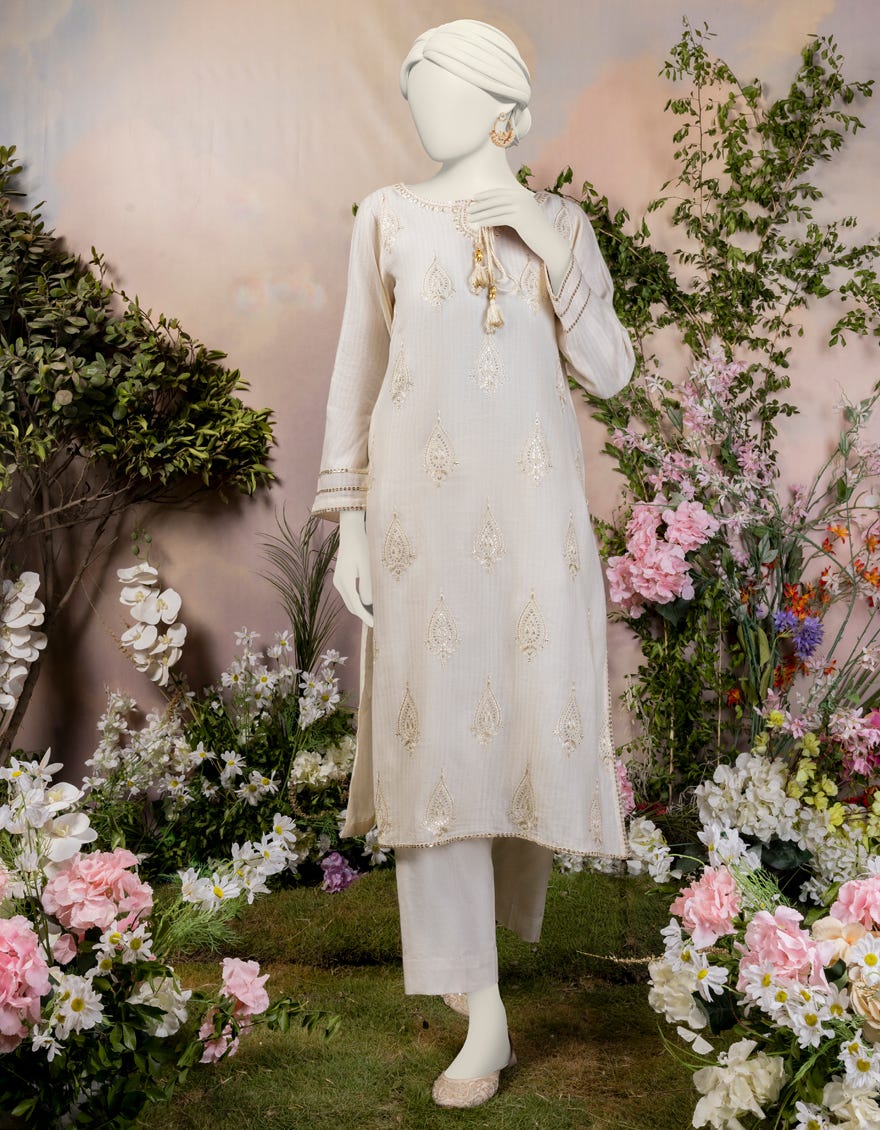 Off White Dobby Embroidered Women's Kurti | Jjlk-S-Jpws-24-3031
