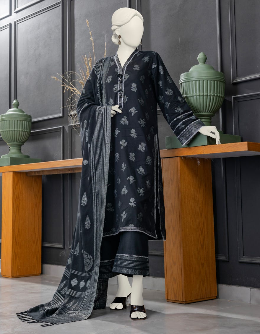 Black Jacquard Unstitched 3 Piece Dress | Jlawn-S-24-306