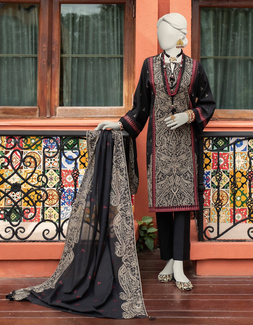 Black Dobby Unstitched 3 Piece Dress | Jlawn-S-24-311