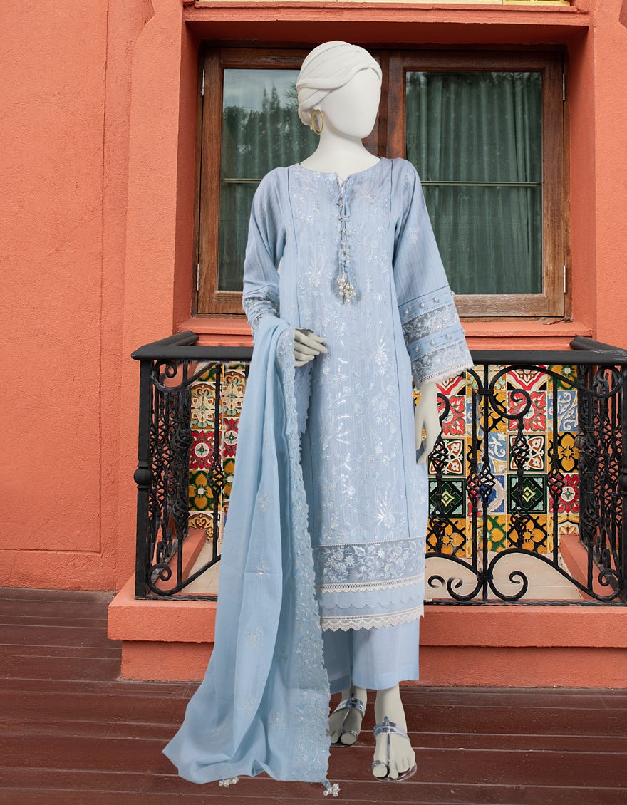 BLUE LAWN UNSTITCHED 3PC | JLAWN-S-24-313