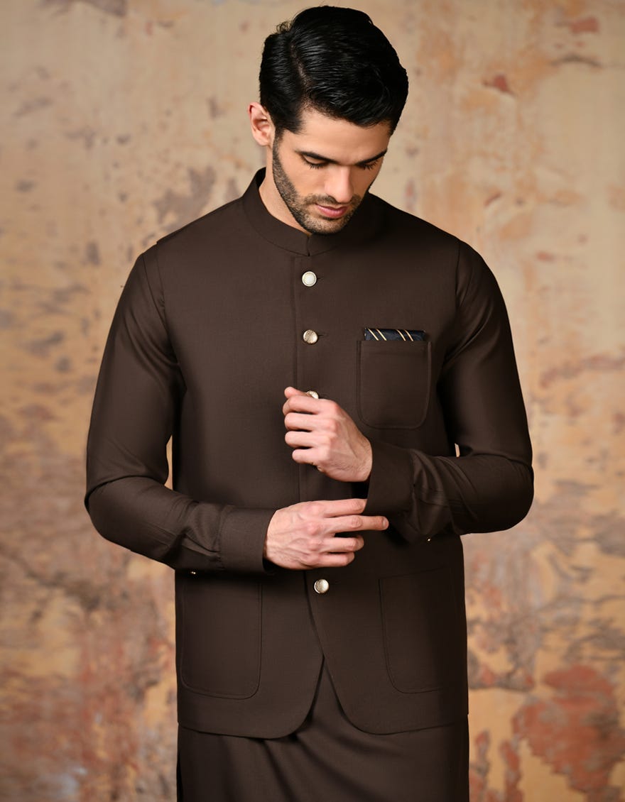Brown Blended Exclusive Kameez Shalwar + Waistcoat | Jjksvc-A-47214