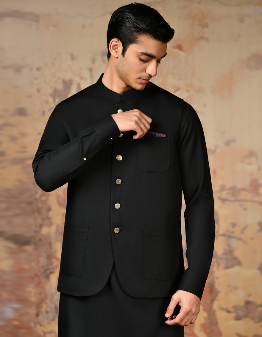 Black Blended Exclusive Kameez Shalwar + Waistcoat | Jjksvc-A-47215