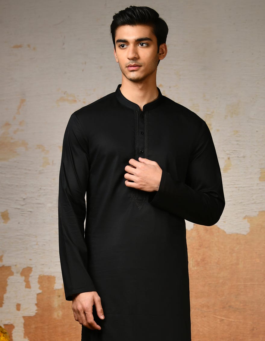 Black Cotton Semi-Formal Men's Kameez Shalwar | Jjks-S-32906