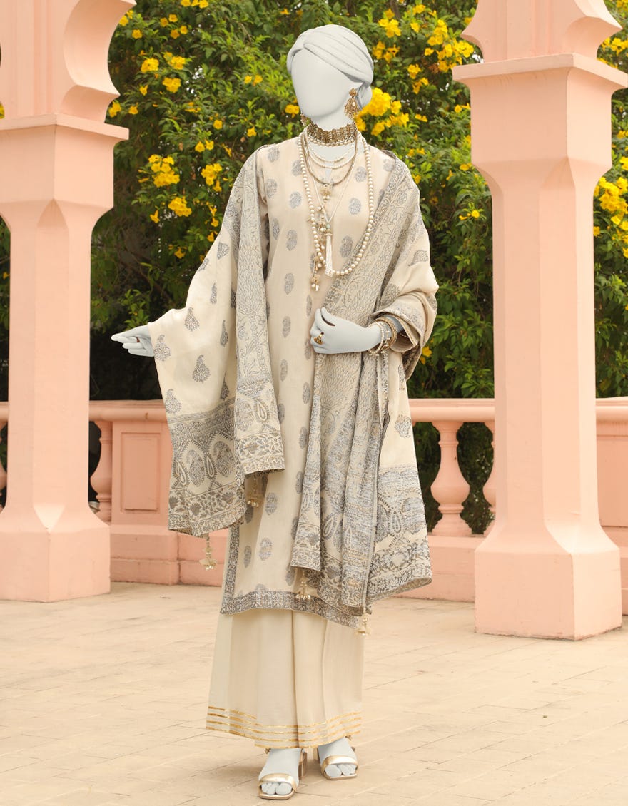 Off White Jacquard Unstitched 3 Piece Dress | Jlawn-S-24-341 Riwayat-03