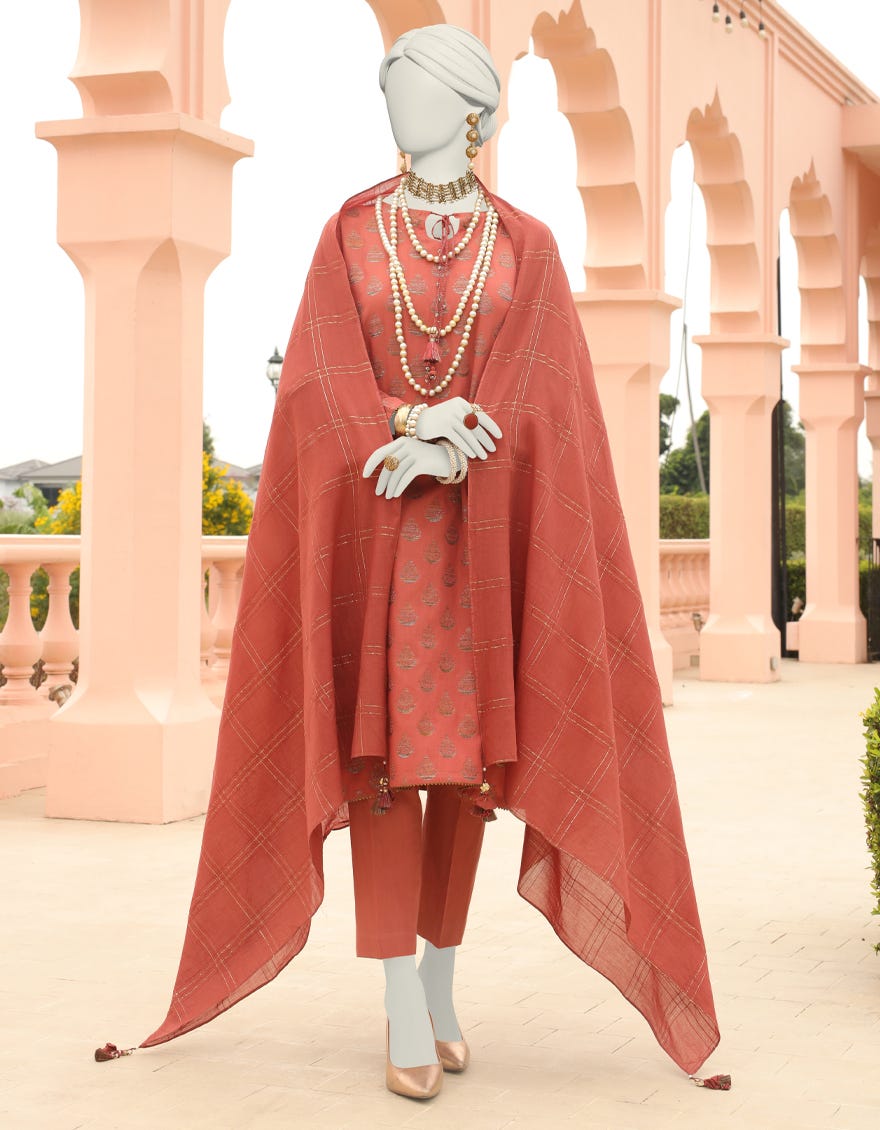 RUST JACQUARD UNSTITCHED 3PC | JLAWN-S-24-345 RIWAYAT-07