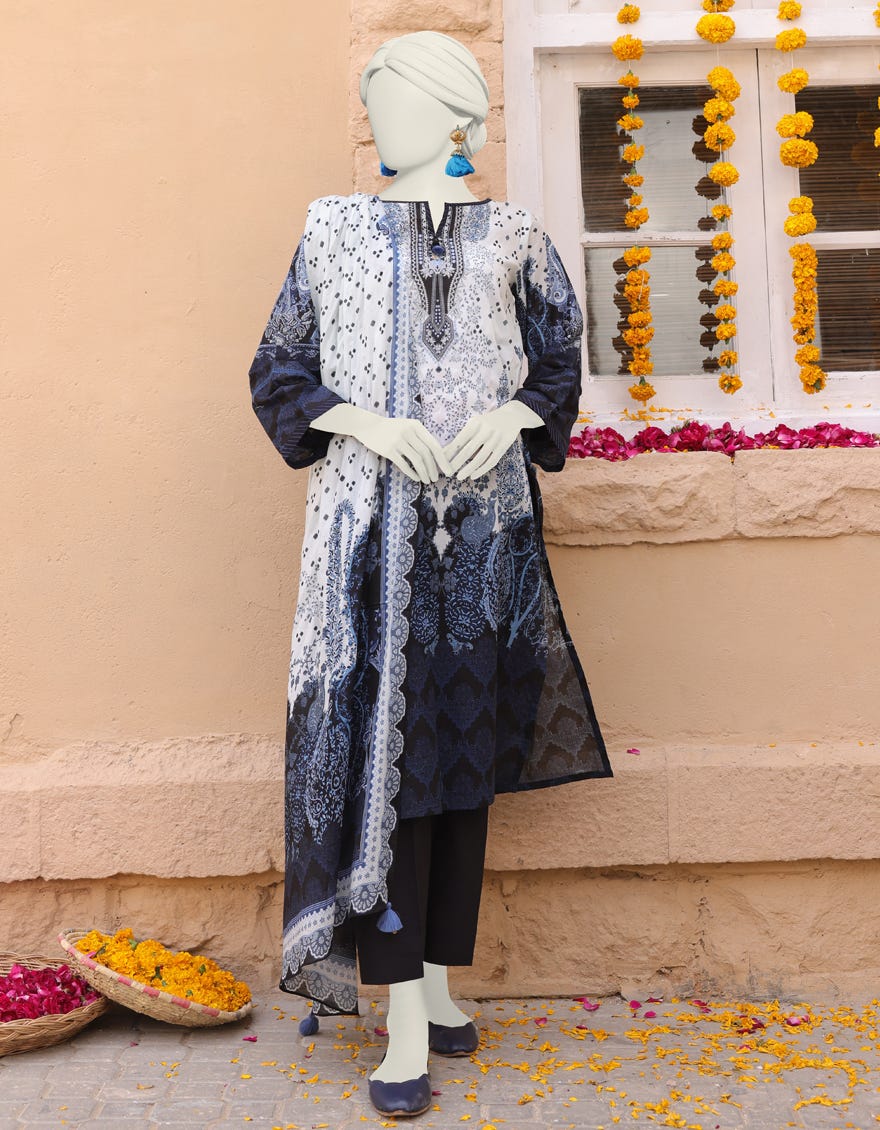 Blue Cambric Stitched 3 Piece | Jlawn-S-24-356
