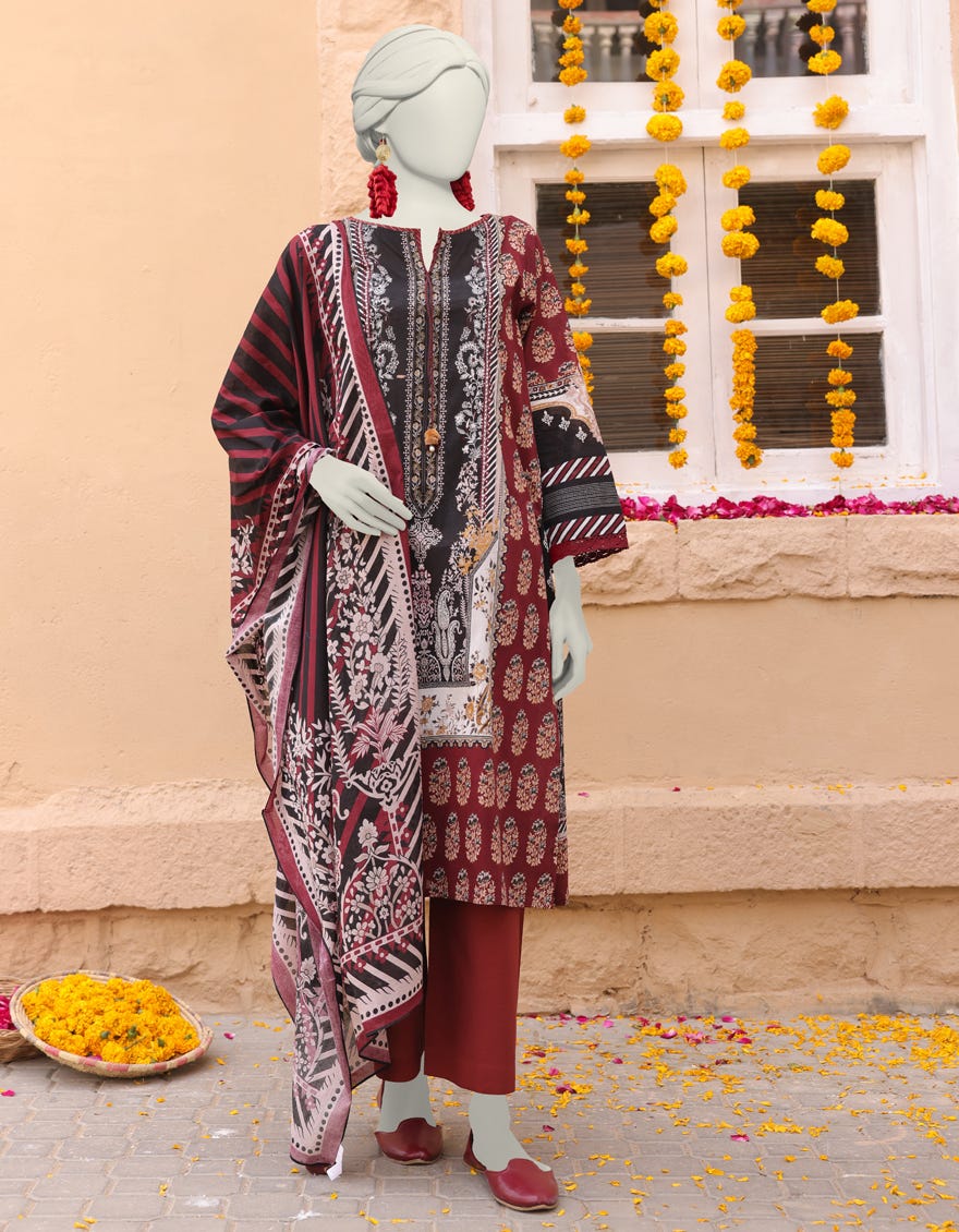 Maroon Cambric Stitched 3 Piece | Jlawn-S-24-357