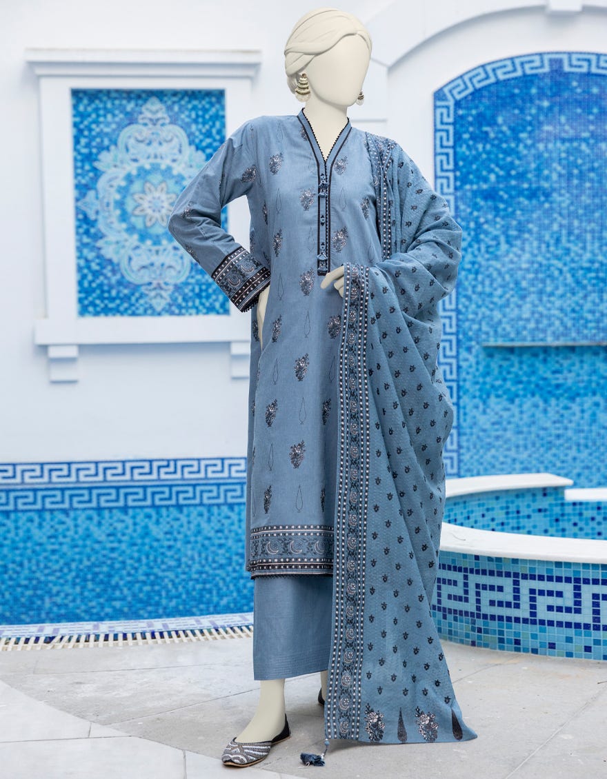 Grey Chambray Unstitched 3 Piece Dress | Jlawn-S-24-363 Emboss-1