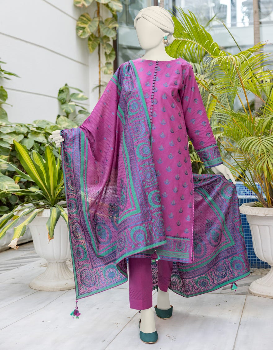 Pink Chambray Unstitched 3 Piece Dress | Jlawn-S-24-365 Emboss-3
