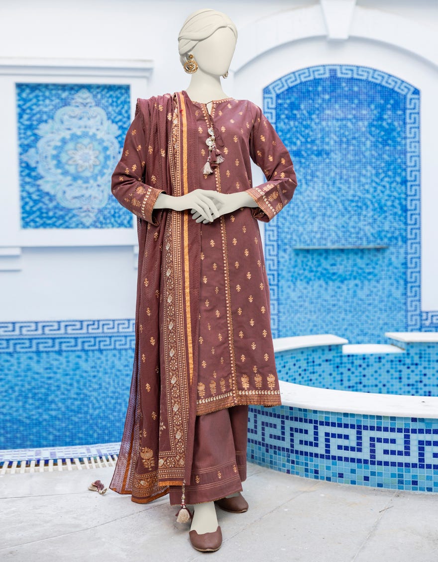 Brown Chambray Unstitched 3 Piece Dress | Jlawn-S-24-366 Emboss-4