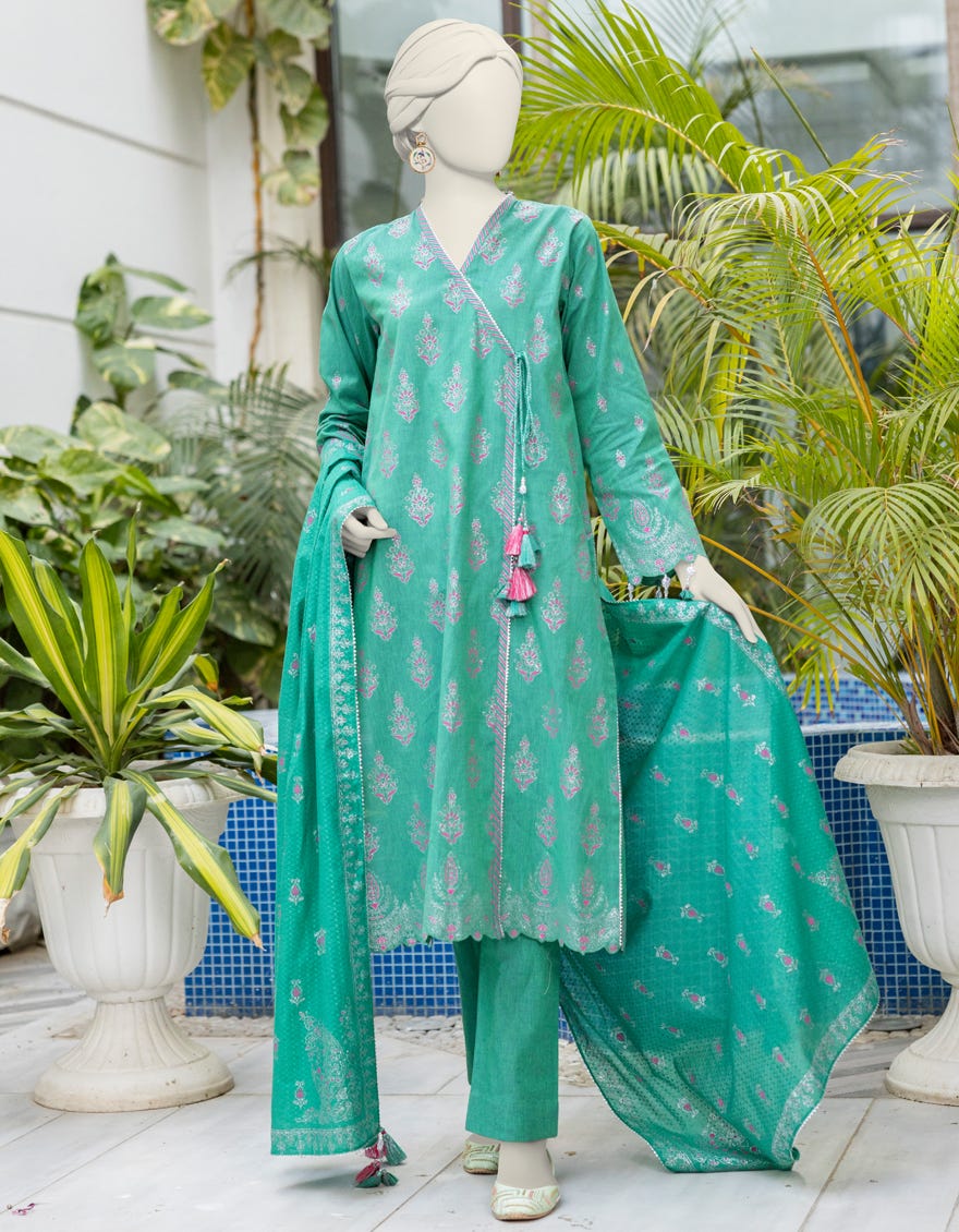 Multicolor Chambray Unstitched 3 Piece Dress | Jlawn-S-24-367 Emboss -5