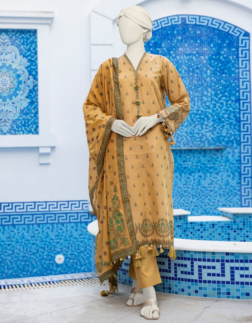 Multicolor Chambray Unstitched 3 Piece Dress | Jlawn-S-24-368 Emboss -6