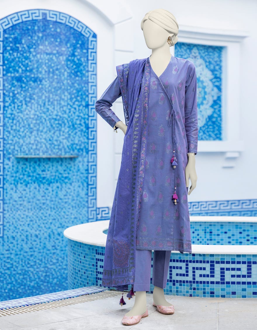 Multicolor Chambray Unstitched 3 Piece Dress | Jlawn-S-24-369 Emboss -7