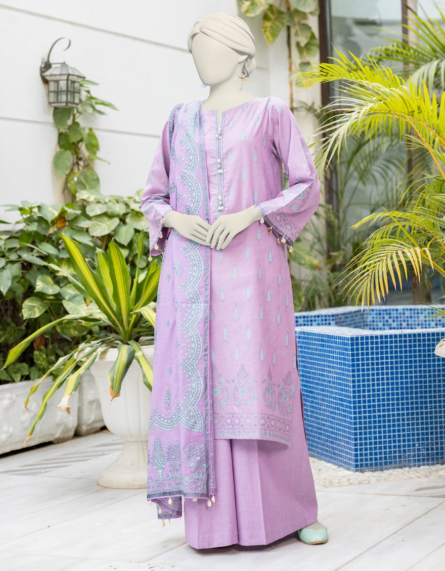 Multicolor Chambray Unstitched 3 Piece Dress | Jlawn-S-24-370 Emboss -8