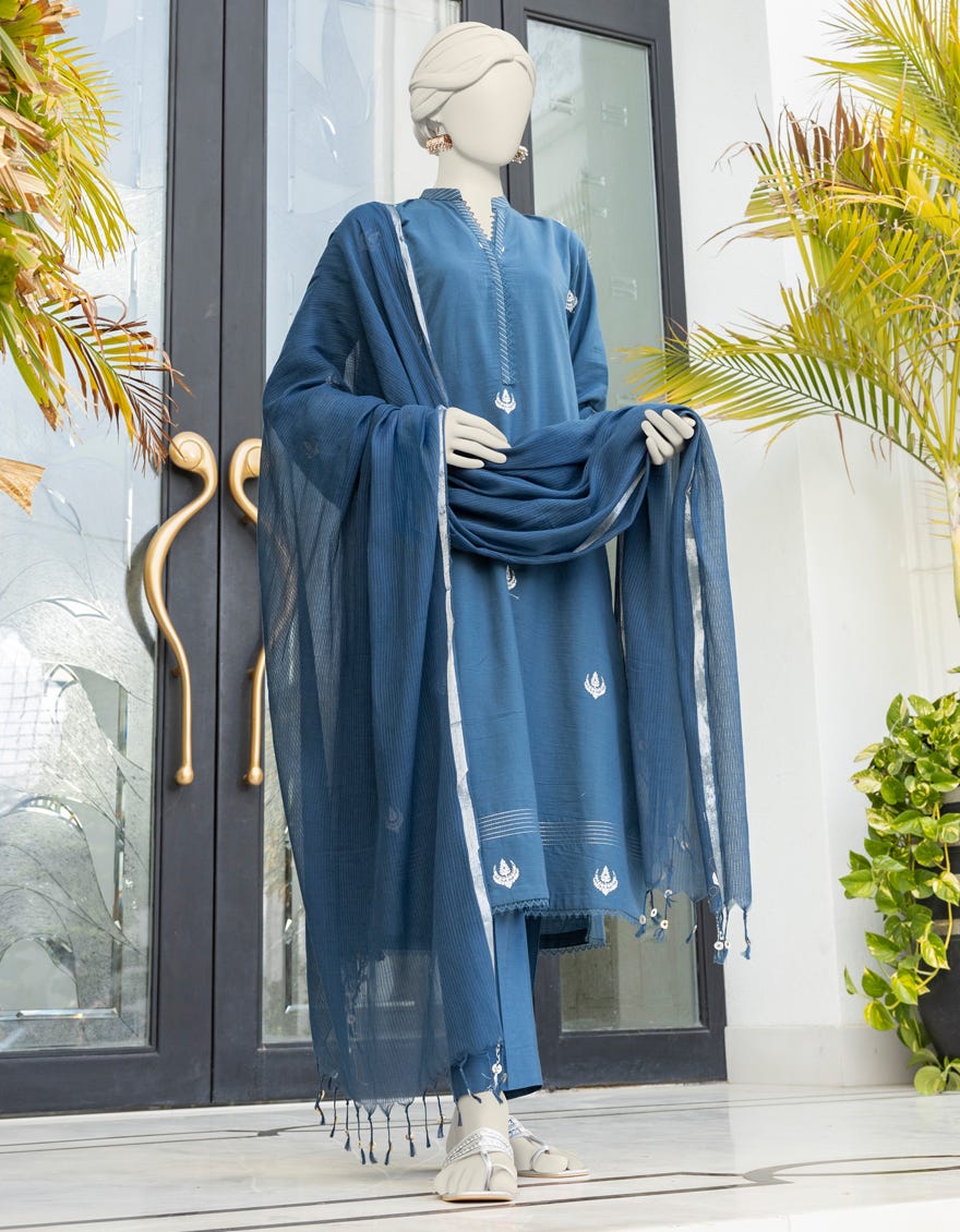 Blue Cambric Unstitched 3 Piece Dress | Jlawn-S-24-376 Khilat-06