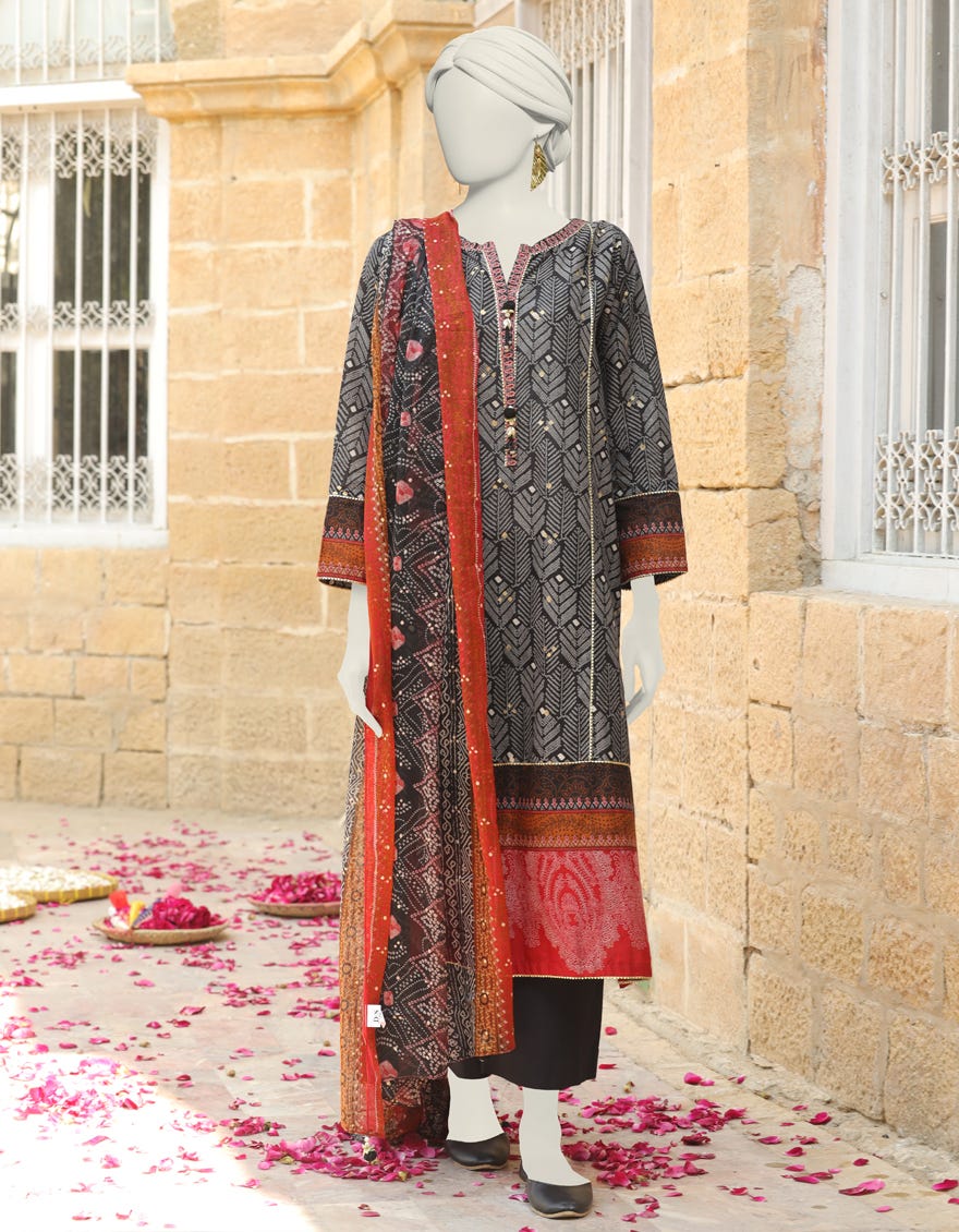 Black Cambric Stitched 3 Piece | Jlawn-S-24-387