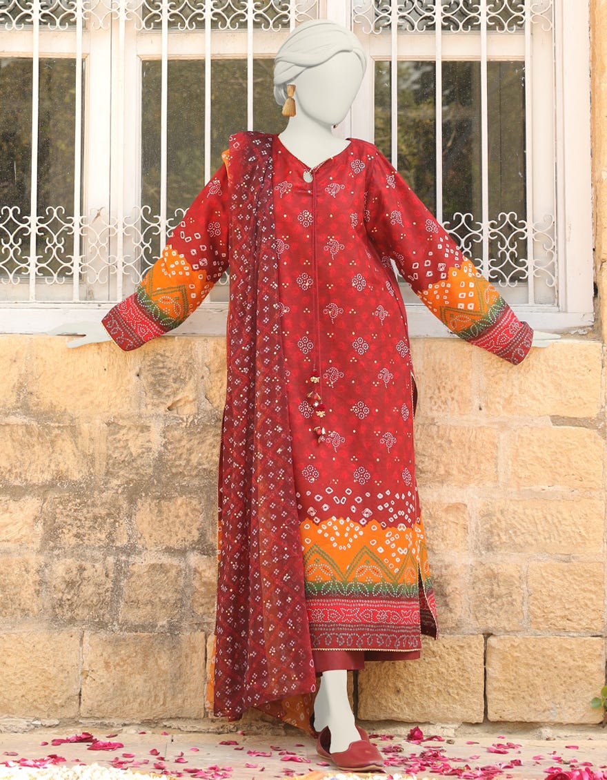 Maroon Cambric Stitched 3 Piece | Jlawn-S-24-389
