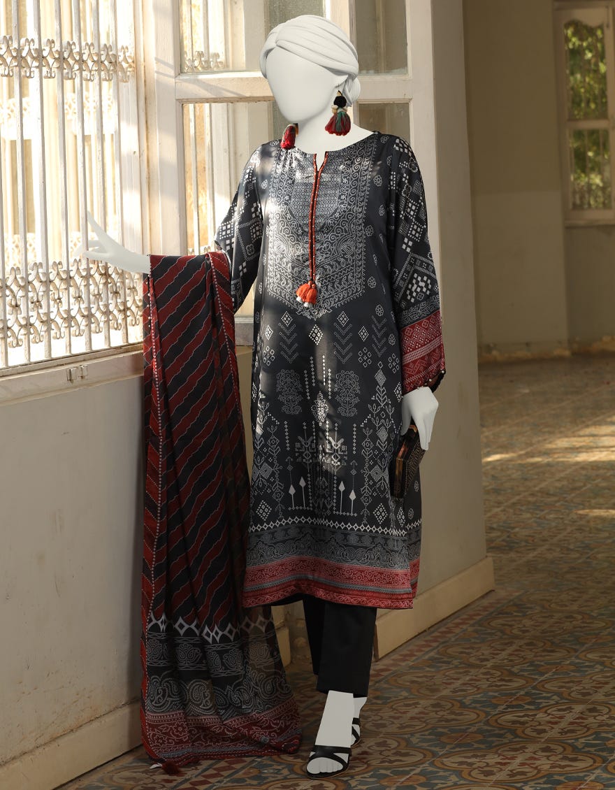 Black Impure Silk Stitched 3 Piece | Jlawn-S-24-392