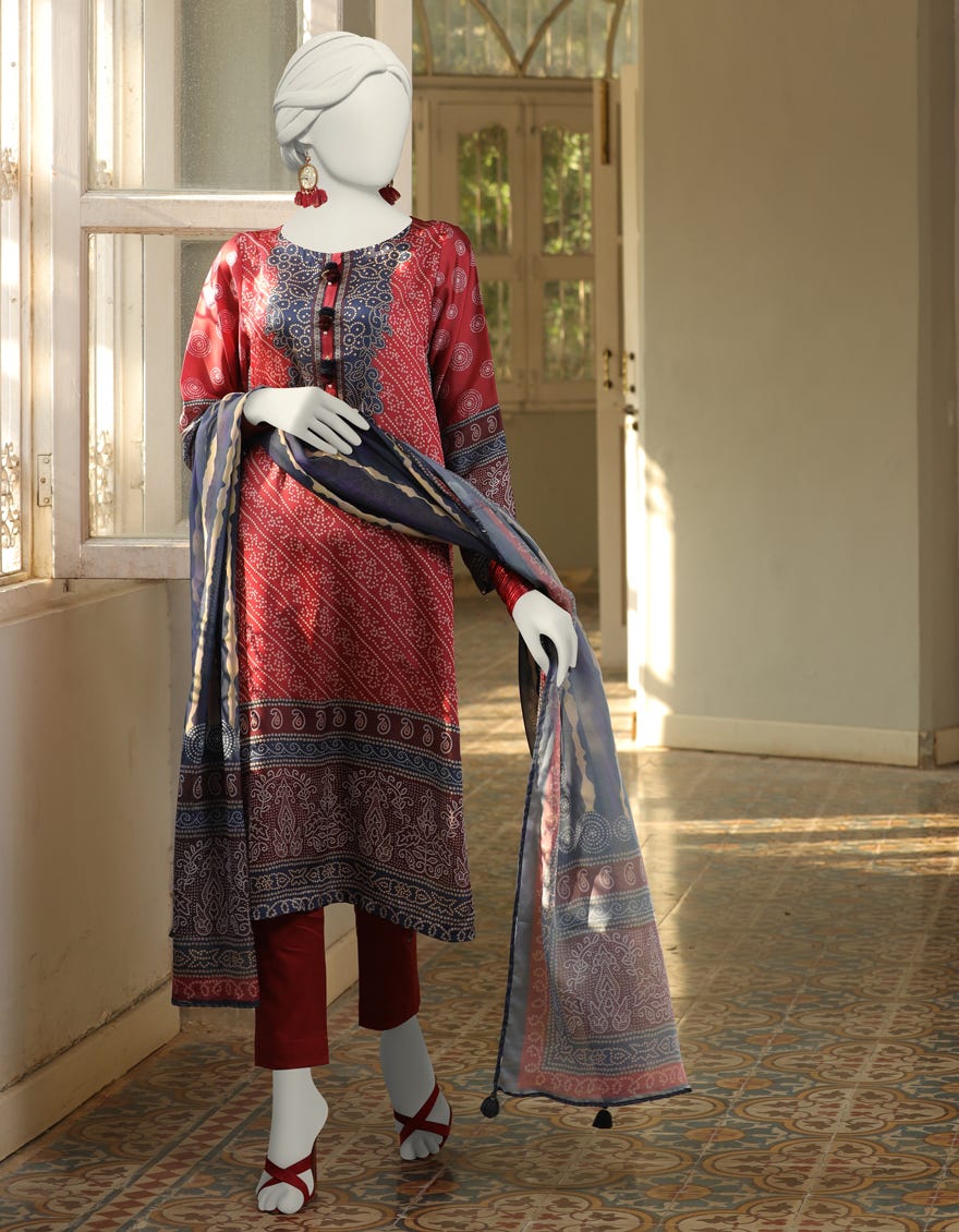 Maroon Impure Silk Stitched 3 Piece | Jlawn-S-24-394