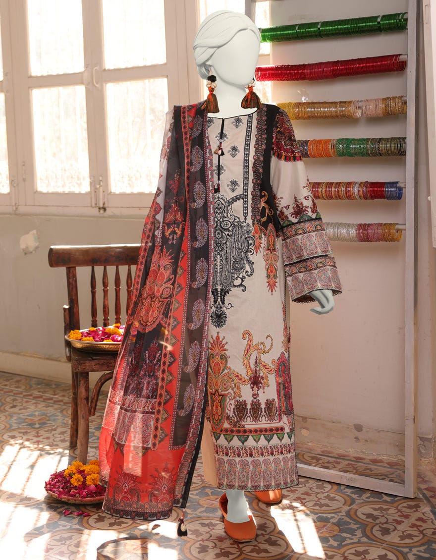 Off White Dyed Stitched 3 Piece | Jlawn-S-24-395