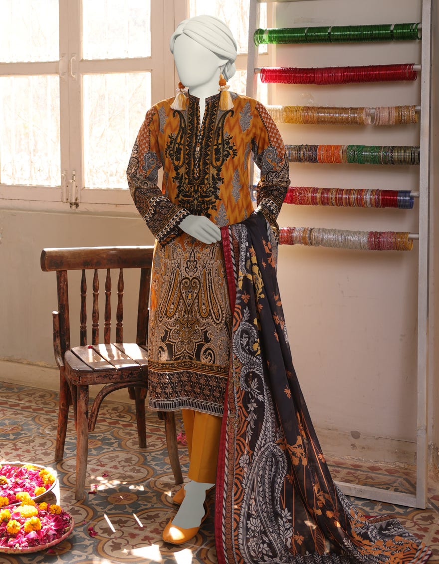 Yellow Dyed Stitched 3 Piece | Jlawn-S-24-397
